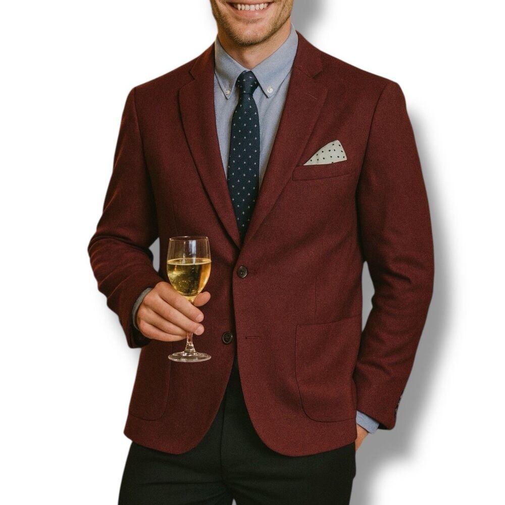 ASOS‎ Mens Blazer Burgundy Two Button Patch Pocket Casual Jacket Wedding Size 36